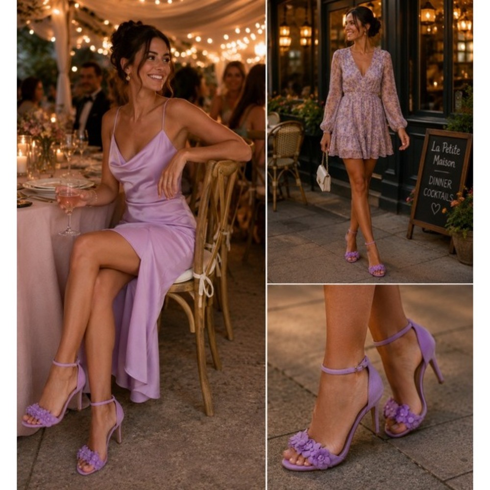 RSVP by Talbots Purple Suede Floral Applique Ankle Strap Heels Lilac Size 6M